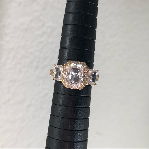 Gold emerald cut 3 stone Halo sterling silver ring - Picture 1 of 11